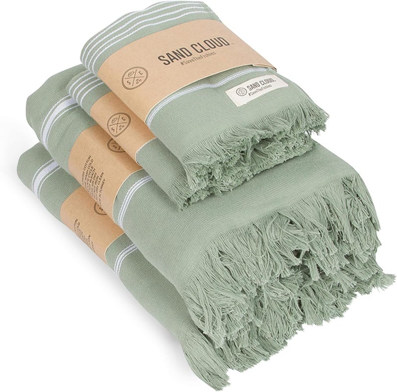 Sand Cloud Turkish Bath Towels Bundle for Bathroom, Set of 4 (Classic Sage) - Large Size - 100% Certified Organic Cotton Yarn is Lightweight, Soft & Absorbent - Premium Bath & Hand Towels Dry Faster - Image 1
